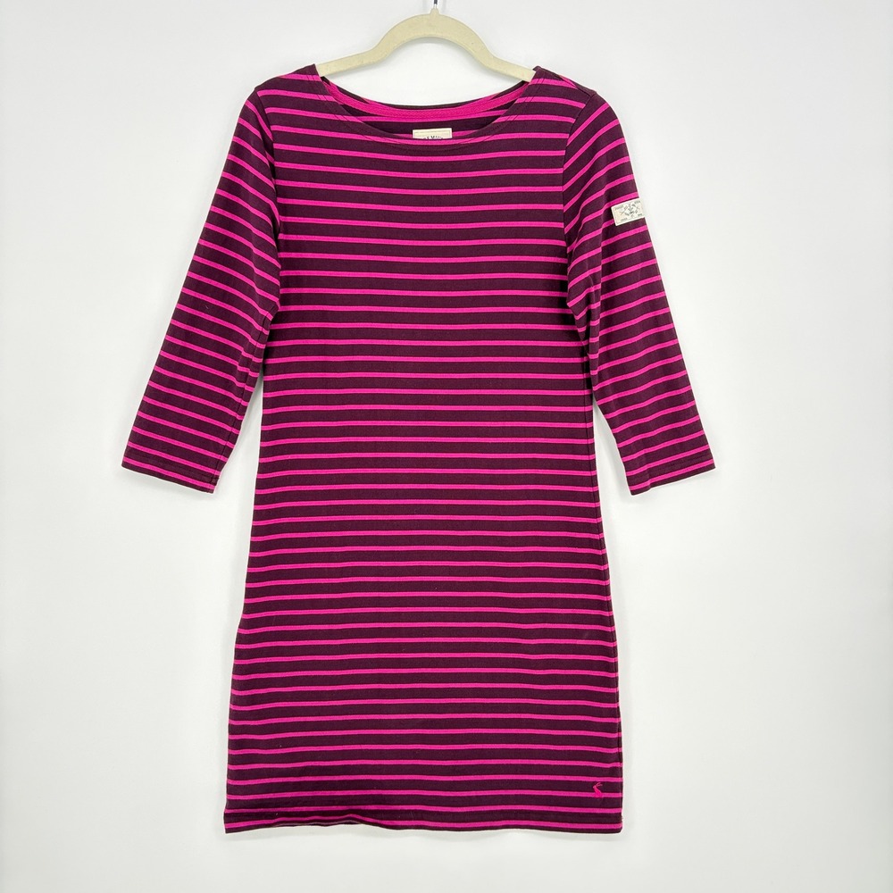 Joules Women Size US 8 Riviera T-Shirt Dress Plum Pink Striped 3/4 Sleeve Cotton